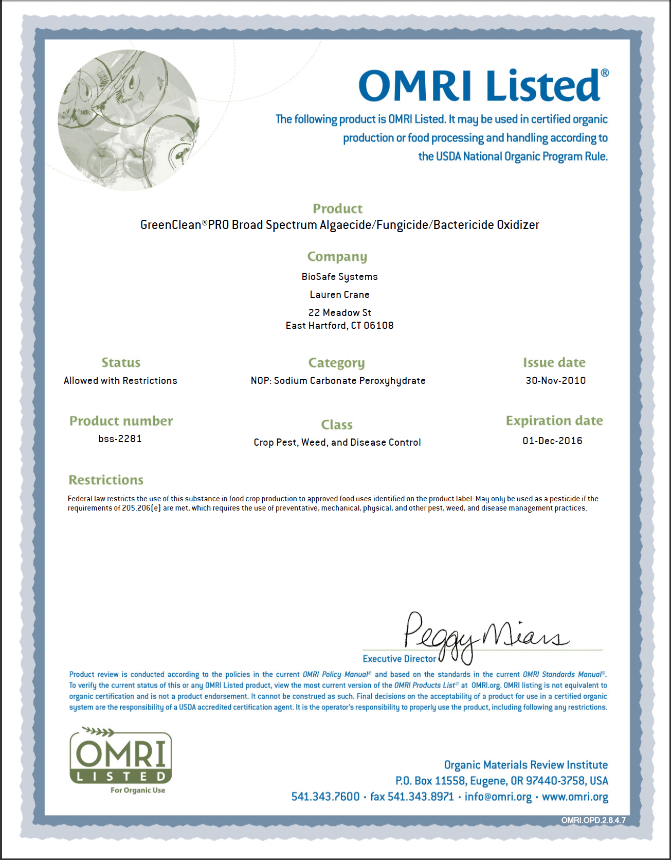 GreenClean Pro OMRI Certificate